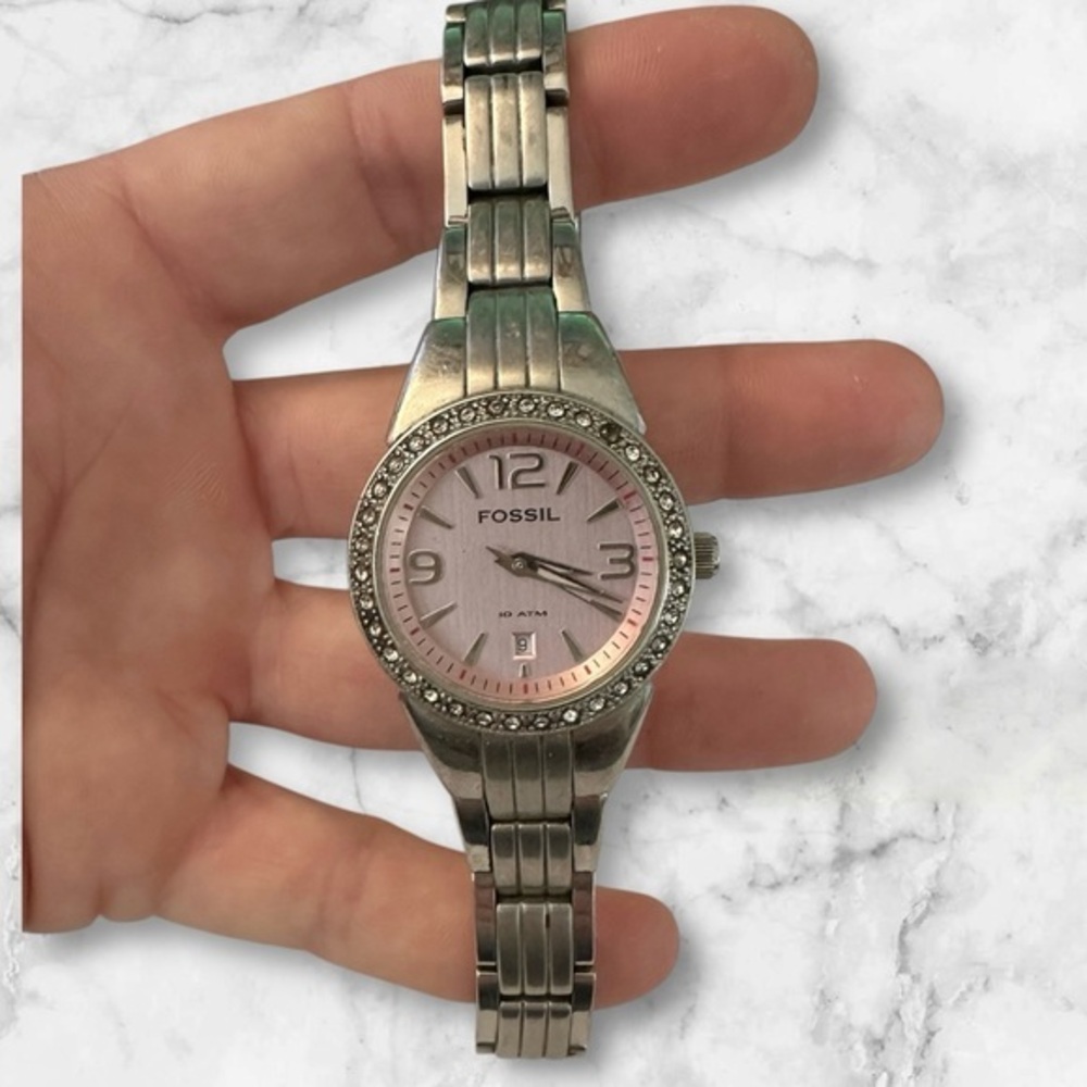 Fossil Pink Dial Crystal Bezel Stainless Steel Quartz Women’s Watch